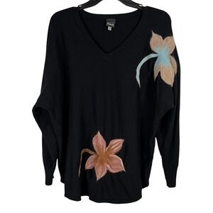 Aaeda black dolman sleeve sweater felted floral embroidery detail - Size 1X